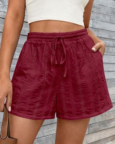KIRUNDO Lace Shorts for Women Summer Cute Boho Eyelet Elastic Waist Drawstring Casual Lounge Shorts Beach Vacation Outfits(Burgundy, Large) - Thumbnail 3