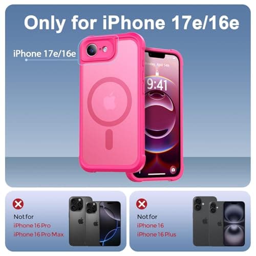 Thomo Magnetic for iPhone 17e Case/iPhone 16e Case, [Full Camera Protection] [Compatible with Magsafe] Military-Grade Shockproof, Anti-Fingerprint Translucent Matte Phone Case,Hot Pink - Thumbnail 2