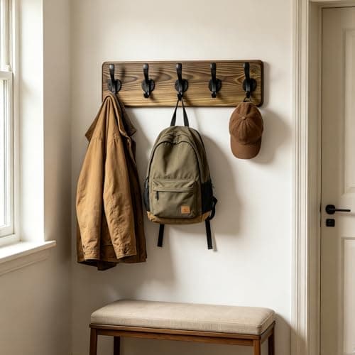 Dellicasi 17" Coat Rack Wall Mount, Rustic Wall Mounted Coat Rack, Pine Solid Wood Coat Hook Hanger with 5 Metal Hooks- Wall Coat for Hanging Clothes Key Robes Towels Coats - Thumbnail 6