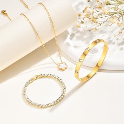 Gold Bracelets Necklace Jewelry Set - 3Pcs 18K Gold Plated Floral Bracelet,Waterproof Stainless Steel Bangles, Non-Tarnish Necklaces Daily Minimalist Trendy Jewelry,Valentines Birthday Gift for Women - Thumbnail 6
