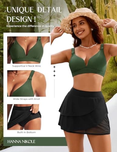 Hanna Nikole Women's Plus Size High Waisted Swimsuit Vintage Bikini Sets Mesh Layered Skirts with Brief Sporty XL Green Black - Thumbnail 3