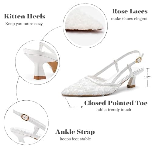 RUSAUISE Slingback Rose Flowers Kitten Heels Sandals for Women Pointed Close Toe Mesh Floral Low Heeled Buckle Strap Dressy Pump Shoes for Wedding Party White Size 8.5 - Thumbnail 5