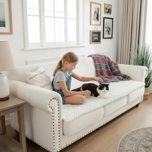 SHACOS 29.5"x84.6" Couch Covers for Dogs Cats Non Slip Washable, Soft Fuzzy Pet Couch Covers for 3 Cushions Sofa, Sofa Slipcovers Pet-Friendly Couch Protector, Cream White - Thumbnail 4
