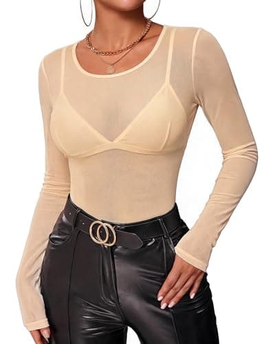 Avidlove Mesh Long Sleeve Top See Through Tops for Women Sheer Shirts Womens Mesh Top Country Concert Outfits Nude 2XL - Image 1
