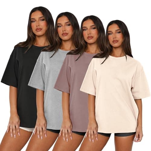 MAPICK 4 Pack Oversized Tshirts for Women Crew Neck Loose Fit Summer Baggy Tops Workout Tees Plus Size Clothes(1 Mushroom 1 Light Grey 1 Apricot 1 Black,3X-Large)