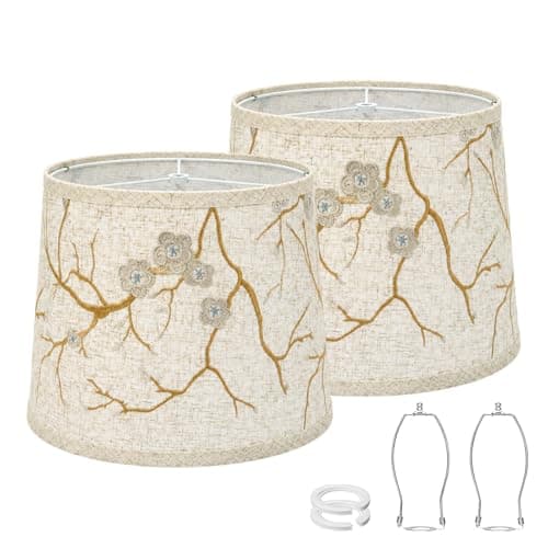 Drum Lampshades for Table Lamps, Lampshades Set of 2 with Embroidery Craft, lampshades for floor lamps, 11" Top x13" Bottom x 10" High, Easy Assembly Shades Replacement, Natural Linen Hand Crafted - Image 1