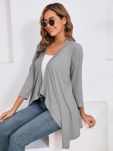 DEARCASE 3/4 Sleeve Open Front Draped Kimono Cardigan Sweater for Women Plain Light Gray XL-Large Lightweight Flowy Ladies Cover Up Trendy Shrug Thin Crop Duster Summer Fall Shawl Cardigans Jackets - Thumbnail 3