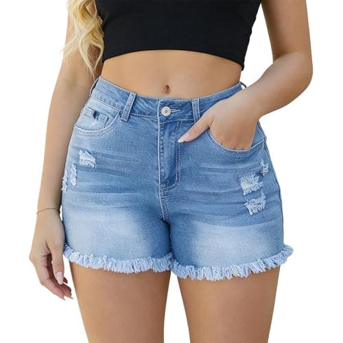 PrettyQueen Blue Denim Shorts for Women High Waisted - Stretchy Soft Jean Shorts Women's Casual Summer Shorts with Pockets - Image 1