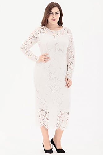 Eternatastic Women's Floral Lace Long Sleeve Plus Size Lace Dress White1 XXL - Thumbnail 5