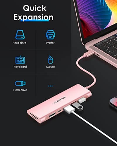 LENTION 7-in-1 USB C Multiport Hub with 4K HDMI, 100W PD, 3 USB 3.0 Ports, SD/MicroSD Card Reader Compatible MacBook Pro/Air 2016-2025 Stable Driver Adapter (CB-C36B, Rose Gold) - Thumbnail 5