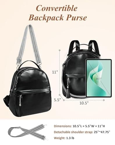Fmeida Mini Backpack for Women Designer Vegan Leather Small Backpacks Purse Convertible Shoulder Bag Fashion Ladies Daypack w Tassel, Black - Thumbnail 2