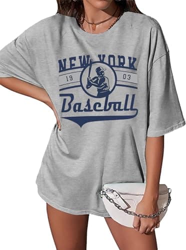 Oversized New York Baseball Shirt : Women Baseball Shirts Baseball Graphic Short Sleeve Tee Tops - Thumbnail 3