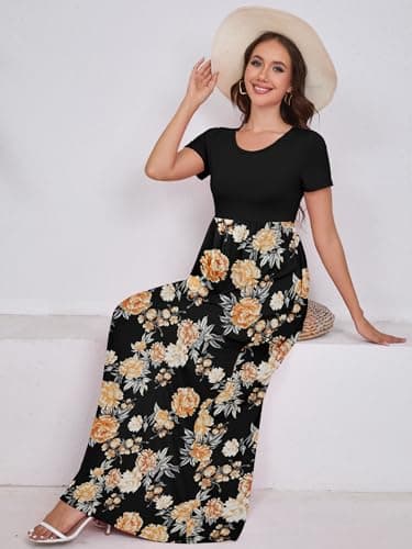 DEARCASE Women Long Maxi Dress Flower Yellow Black Small Crewneck Boho Short Sleeve A-line Casual Hawaiian Flowy Party Vintage Spring Summer Beach Dresses with Pockets - Thumbnail 3