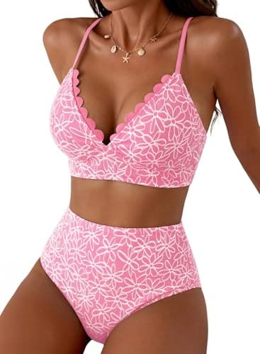 Herseas Women's Stitching Floral Textured Bikini Sets Scalloped V Neck Swimsuits High Waisted Tummy Control Bathing Suits Chic Pink Resort Essentials for Teens 2026 Summer X-Large - Image 1