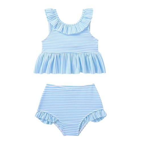 YWFSHOP Baby Girl Swimsuit Two Piece Striped Bikini Tankini with Back Bow Toddler Girls Summer Beach Bathing Suit 6M-5T Blue - Image 1