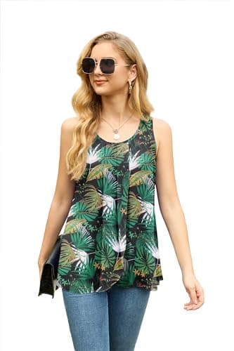 IWOLLENCE Womens Summer Tank Tops Sleeveless Chiffon Double Layers Blouse Loose Round Neck Casual Shirts Black Palm Leaf Medium - Thumbnail 4