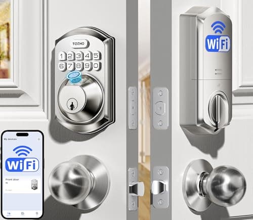TEEHO TE012W-K WiFi Smart Keyless Entry Door Lock with Handle, Fingerprint Door Knob & Digital Keypad, APP Remote Control, Works with Alexa & Google, Electronic Deadbolt for Front Door, Satin Nickel - Image 1