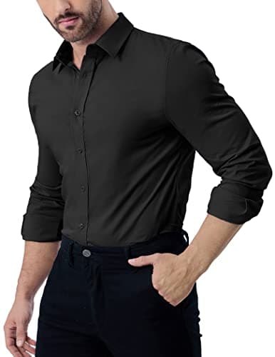 ZAFUL Mens Black Dress Shirt Slim Fit Button Down Long Sleeve Stretch Collared Shirt Cotton Wrinkle Free Button Up Mens Tops Black XX-Large - Image 1