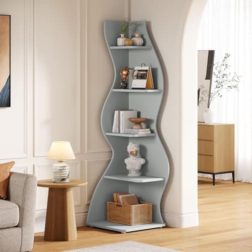 Tribesigns Wavy Corner Shelf, Modern 5-Tier Bookshelf Bookcase with Curvy Shape, Unique Plant Stand Display Rack for Living Room Small Space (Blue) - Thumbnail 3