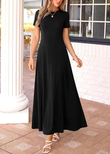 KIRUNDO Wedding Guest Dresses for Women 2026 Spring Summer Short Sleeve Pleated Long Flowy A Line Formal Maxi Dress Pockets(Black, Medium) - Thumbnail 4