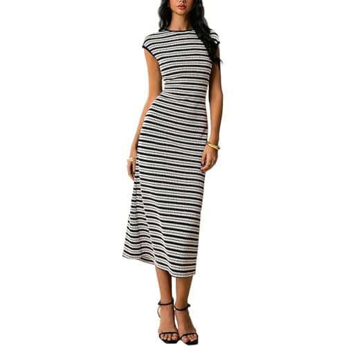 materasu Women’s Ribbed Knit Bodycon Midi Dress Short Sleeve Slim Fit Stretchy Casual Dress for Work,Date,Everyday Wear - Image 1