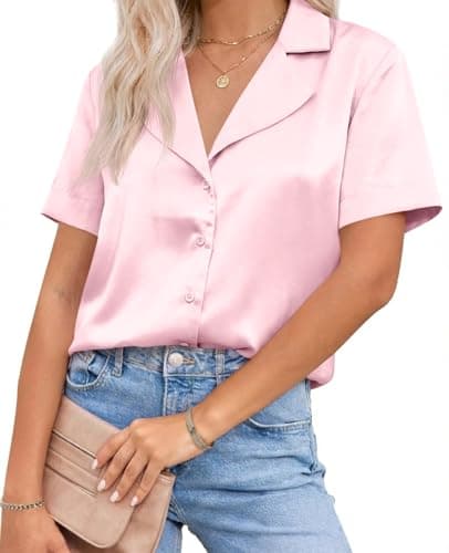 Cicy Bell Womens Summer Satin Button Down Shirts Silk Short Sleeve V Neck Casual Dressy Tops Loose Fit Collared Work Blouse Pink - Image 1
