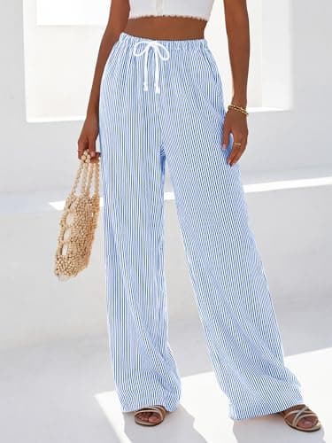 BTFBM Striped Wide Leg Pants for Women Spring Summer 2026 Drawstring Lounge PJ Beach Bottoms Casual Trousers Pockets(Light Blue, Small) - Thumbnail 2
