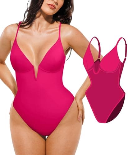 Popilush Tummy Control Swimsuits for Women Shapewear One Piece Underwire Swimsuit Deep V Neck Bathing Suits Summer Beach Pool Vacation Hot Pink - Image 1