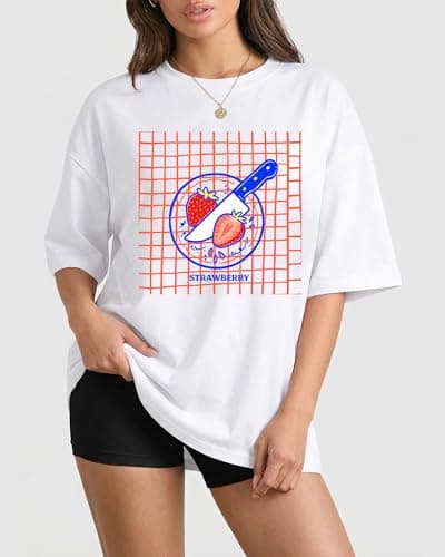 Aiyino Yk2 Womens Oversized Graphic T Shirt 100% Cotton Strawberry Fruit Shirt Casual Summer Loose Fit Tee XL - Thumbnail 2