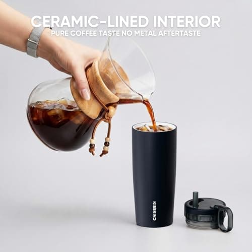 KISSKIND 20 Oz Iced Coffee Tumbler with Hidden Straw, Insulated Stainless Steel Coffee Tumbler, Leakproof Ceramic Lined Travel Cup for Subway Commuting, Slim Tumbler for To-Go, Midnight Espresso - Thumbnail 6