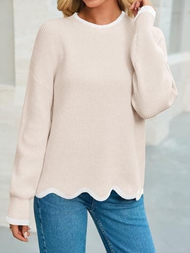 Saodimallsu Womens Sweaters Apricot Contrast Color Crewneck Pullover with Wave Hem Long Sleeve Jumper Trendy 2025 - Thumbnail 2