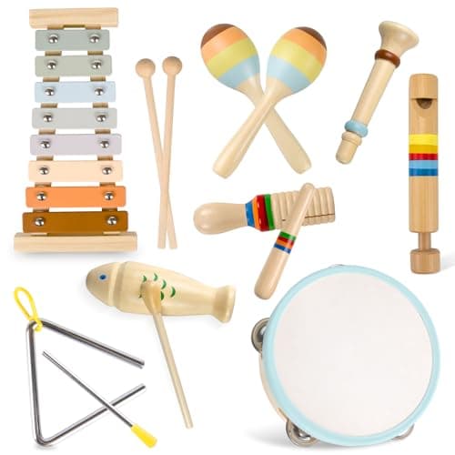 Baby Musical Instruments-Montessori Wooden Toys for Toddlers 1-3 Neutral Colors Percussion Instruments Set with Modern Boho Xylophone for Kids Preschool Educational,Includes Storage Bag