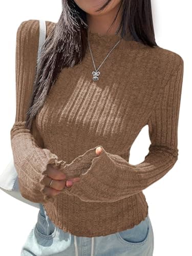PRETTYGARDEN Womens Lightweight Fall Sweaters 2026 Fashion Lettuce Trim Mock Neck Slim Fit Long Sleeve Shirts Y2k Tops (Coffee, Large) - Image 1