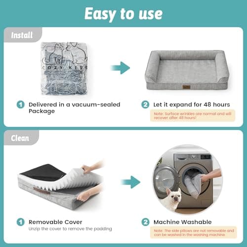 COZY KISS Cooling Dog Bed, Orthopedic Foam Dog Bed with Sides, Removable Cover & Waterproof Lining and Nonskid Bottom, Comfortable Pet Beds for Extra Large Dogs, Grey (48" L x 32" W x 7.5" Th) - Thumbnail 5