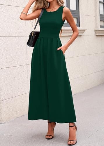 Lazysmile Summer Sleeveless Maxi Dresses for Women Mock Neck Pleated A Line Formal Cocktail Wedding Guest Dress DarkGreen - Thumbnail 4
