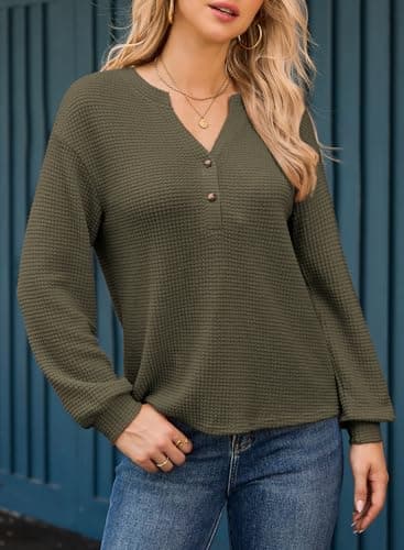 Dokotoo Business Outfits Spring Tops for Women 2026 Plus Size Spring Outfits Lightweight Long Lantern Sleeve Shirts V Neck Button Up Blouse Green Casual Fashion Spring Clothes Small - Thumbnail 2