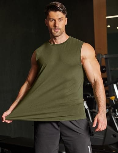 COOFANDY Men's Cotton Tank Top Muscle Cut Off T Shirts Plain Sleeveless Workout Shirt Army Green L - Thumbnail 5