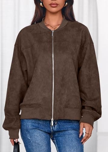 Lazysmile Women's Faux Suede Bomber Jackets Fall Fashion Outfits Winter Clothes Stand Collar Zip Up Coats Outwear with Pockets - Thumbnail 6