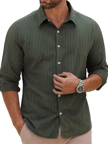 BAYAMO Men's Button-Down Striped Shirts Casual Long Sleeve Cotton Linen Collared Shirts Fashion Business Dress Shirt Green L - Image 1