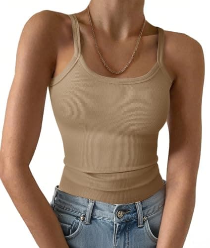 GKBK Scoop Neck Tank Tops for Women Spaghetti Strap Ribbed Women's Tank Top 2026 Summer Cute Shirts Trendy Khaki M - Image 1