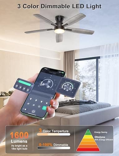 Ohniyou Ceiling Fans with Lights, 52'' Low Profile Ceiling Fan with Light and Remote/APP Control, Modern Flush Mount Ceiling Fan for Indoor Bedroom Living Room, Dimmable, Qiuet DC Motor, Black - Thumbnail 4
