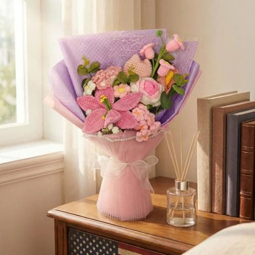 Glazeal Handmade Crochet Flower Bouquet, Artificial Crocheted Flower for Mom Grandma Girlfriend Teahcers with Flower Bag and Card - Thumbnail 6