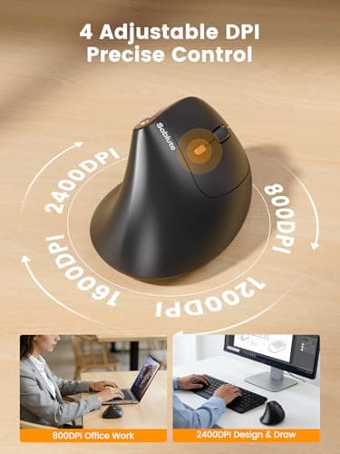 SABLUTE MAM3 Ergonomic Mouse, Bluetooth Mouse for Small/Medium Hands,Dual-Device Connectivity for Computer/Laptop, Rechargeable Wireless Vertical Mouse with 4 Adjustable DPI for Window,Mac OS,Black - Thumbnail 6