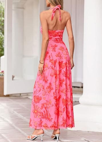 KIRUNDO Women's Summer Sleeveless Halter Floral Maxi Dress 2026 Beach Wedding Guest Cocktail Mesh Flowy A Line Long Sundress(Pink, Medium) - Thumbnail 2