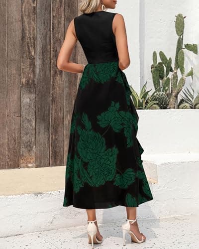 BTFBM Women Casual Sleeveless Summer Dresses 2026 Spring Crewneck Patchwork Boho Floral Ruffle Cocktail Party Midi Dress(Big Floral Dark Green, XX-Large) - Thumbnail 5