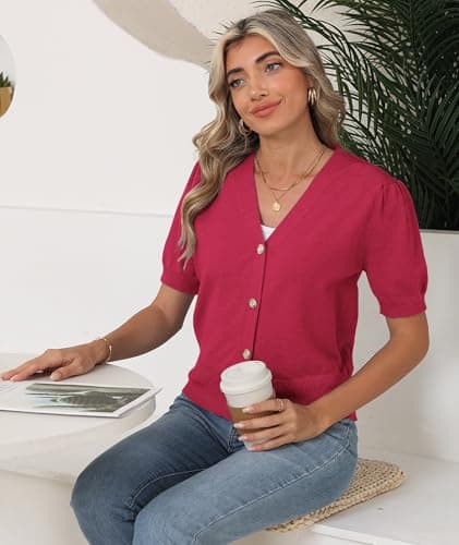 COSSEN Women's Cardigan Sweaters Rose Red X-Large V Neck Bolero Crop Coat Crochet Button Down Short Sleeve Short Tops Trendy Open Front Lightweight Jacket Summer Knit Cropped Shrug for Dress - Thumbnail 3