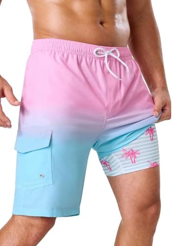 SILKWORLD Mens Swimsuit Trunks 9" Quick-Dry Swim Shorts with Compression Liner and Zipper Pockets, Gradient Pink Blue, XX-Large - Image 1
