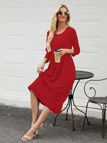 Heymoments Midi Dress for Women Red X-Large Wedding Guest A line Crewneck 3/4 Sleeves Casual Flowy Swing Cocktail Slimming Birthday Party Spring Fall Winter Travel Long Midi Dresses - Thumbnail 4
