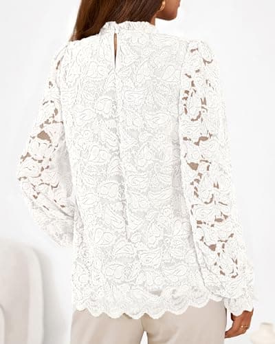 KIRUNDO Blouses for Women Dressy Casual Lace Long Sleeve Tops Mock Neck Ruffle Shirts 2026 Spring Fall Fashion Clothing(White, X-Large) - Thumbnail 2