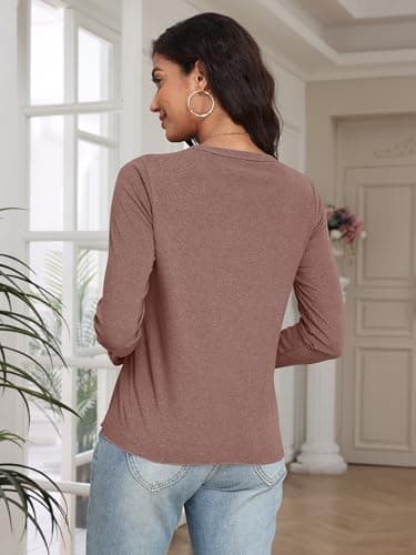 COCOMARTS Womens Long Sleeve Crewneck Knit Basic Tops Loose Casual Shirt 2025 Fall Winter Outdoor Thermal Undershirts Brown Small - Thumbnail 4